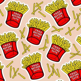 french fries seamless pattern with red paper boxes of fried potatos with "fries before guys" text. fastfood, takeaway restaurant design. trendy decor with patches, stickers in comic style of 80s-90s.