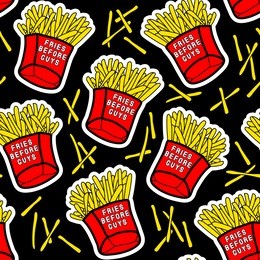 french fries seamless pattern with red paper boxes of fried potatos with "fries before guys" text. fastfood restaurant menu design with patches, stickers in comic style of 80s-90s. black background.