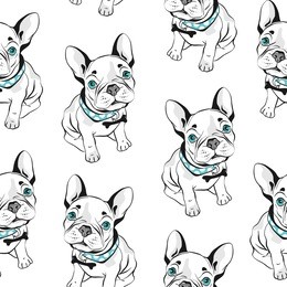 french bulldog seamless pattern on white background. vector illustration. hand drawn funny dogs with blue eyes. 