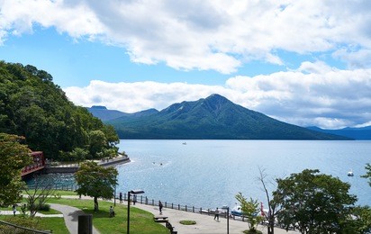 beautiful and serene lake shikotsu (shikotsuko) at the shikotsu-toya national park in hokkaido                               