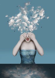 beautiful surreal image with a girl who covers her eyes with the clouds coming out of his head