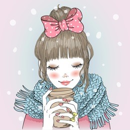 hand drawn beautiful cute girl with coffee in his hands. vector illustration.
