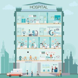 hospital building with doctor and patient medical check up gynecological room, mri scanner, c arm x-ray machine scanner,ear,nose and throat clinic,post-operation ward, health care vector illustration.