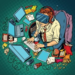 it geek working on computers, virtual reality, pop art retro vector illustration. hacker cyber specialist