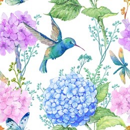 seamless pattern,watercolor flowers, butterflies and a little bird,hummingbird,