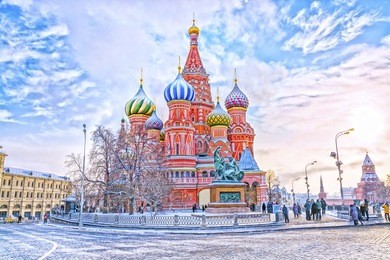 saint basil's cathedral in red square in winter at sunset, moscow, russia.