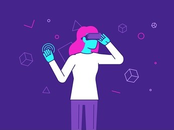 vector illustration in modern flat style - girl wearing vr headset - virtual reality glasses concept 