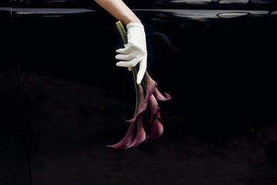 elegant gorgeous bride hand in silk glove holding wedding bouquet of callas  on backgound of stylish luxury black car. unusual adorning in retro style. minimalistic