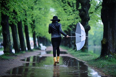 feet in rubber boots rain puddle city