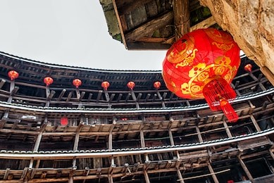 red chinese lantern in a hakka tulou traditional housing, fujian