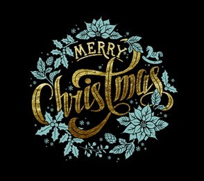merry christmas gold calligraphic lettering design decorated with christmas wreath.