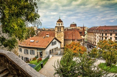 temple de la madeleine and views of the old town in geneva, switzerland.