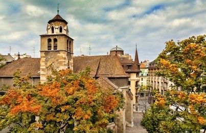 temple de la madeleine and views of the old town in geneva, switzerland.
