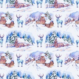 winter countryside watercolor seamless background. fairytale winter watercolor illustration. vintage hand painted landscape card with old houses and deer.