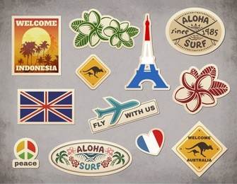 retro travel luggage stickers vector set on grunge background