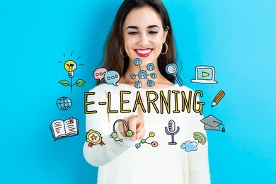 e-learning concept with young woman on blue background