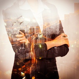 businesswoman stand and look far away, airplane, high building, road at night in double exposure. business concept. vintage filtered.