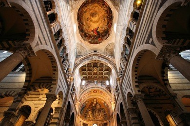 pisa, tuscany, italy. famous cathedral interior view. unesco world heritage site. ceiling art.