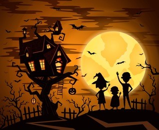 halloween castle in mystic spooky forest. pumpkin on halloween castle on full moon. cartoon halloween kids silhouette.