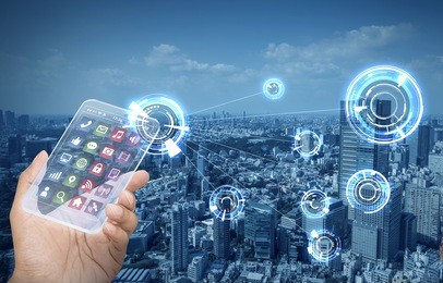 futuristic smart phone and wireless communication network, smart city, internet of things, abstract image visual