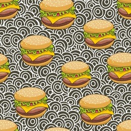 seamless pattern with doodle hamburger on the artistic background. endless burger illustration in vector.