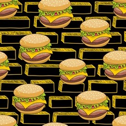 seamless pattern with doodle hamburger on the artistic background. endless burger illustration in vector.