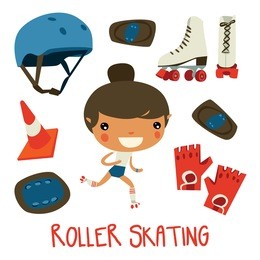 roller skating girl. cute cartoon character and equipment set. protective gloves, helmet and stuff
