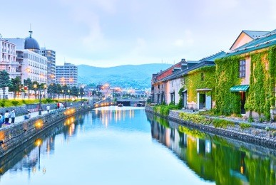 view of the otaru canal at dusk in otaru, hokkaido, japan
