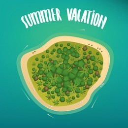 beautiful lonely tropical island with dense vegetation and the beach, on the high seas. aerial view. lettering summer vacation. vector illustration