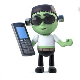 3d render of a cute kid frankenstein monster holding a cell phone.