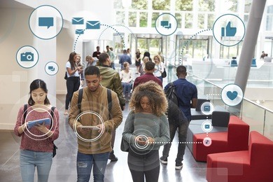 millennials using social media with icons