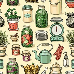 rustic kitchen vector seamless pattern. colorful cooking items background. hand-drawn kitchenware template for design