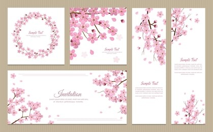 set of greeting cards, banners and invitation card with blossom sakura flowers.