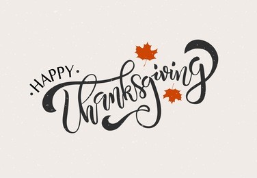 hand drawn happy thanksgiving typography poster. celebration quotation for card, postcard, event icon logo or badge. vector vintage style autumn calligraphy. grey lettering with red maple leaves
