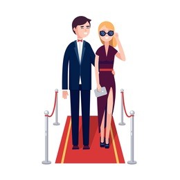 two rich and beautiful celebrities man and woman walking on a red carpet. modern colorful flat style vector illustration isolated on white background.