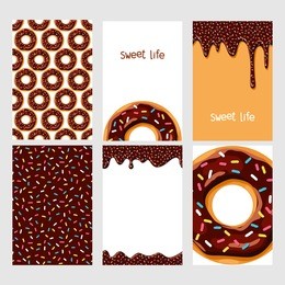 set of bright food cards. set of donuts with chocolate glaze.  seamless pattern, background, card, poster. template for design.