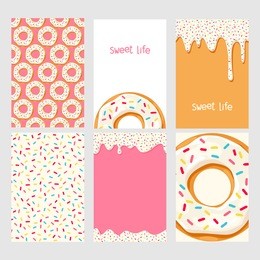 set of bright food cards. set of donuts with white glaze.  seamless pattern, background, card, poster. template for design
