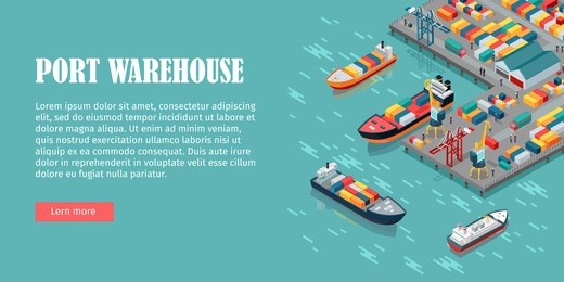 warehouse port vector conceptual web banner. isometric projection. ships with containers on the berth at the port, cranes, workers. cars, hangars ashore. for transport, delivery company landing page