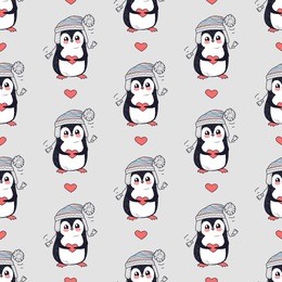 funny penguins vector seamless pattern. cute penguin in warm hat with pompon holding heart on grey background. love and warm feelings. for gift wrapping paper, greeting cards, invitations design