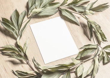 mockup with a card and green leaves
