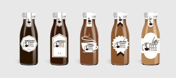 glass coffee bottle with logo brand concept on label template ready for you design isolated on light gray background. packaging vector