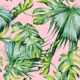 seamless watercolor illustration of tropical leaves, dense jungle. hand painted. banner with tropic summertime motif may be used as background texture, wrapping paper, textile or wallpaper design.