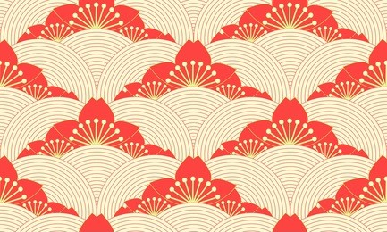 stylized lotus pond seamless pattern in red and green shades