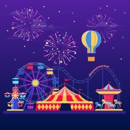 amusement park at night with fireworks, balloon and  rides