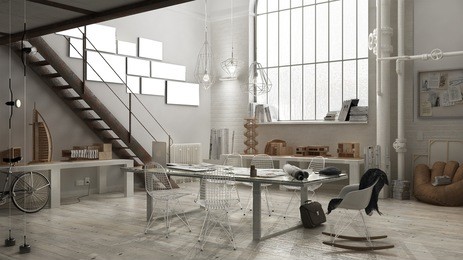 industrial interior, office design, 3d illustration