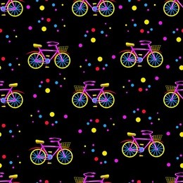 cute seamless vector pattern with bicycles. trendy ornament based on hand drawn elements. fully editable, on isolated dark background. great choice for fabric, textile, wallpaper, wrapping paper etc.