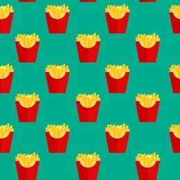 fast food fried french gold fries potatoes in paper wrapper seamless pattern background. vector illustration eps10