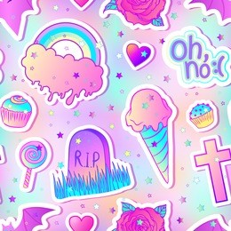 colorful seamless pattern: candies, sweets, rainbow, icecream, tombstone, cross, lollipop, cupcake, rose, bat. vector illustration. stickers, pins, patches.
halloween pastel colors. cute gothic style 