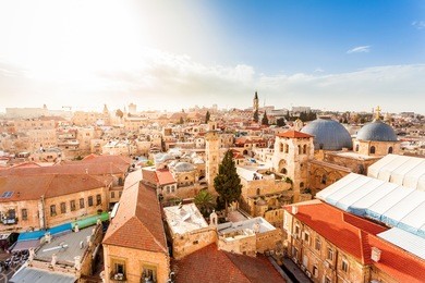 old city of jerusalem with the aerial view. view of the church of the holy sepulchre, israel.