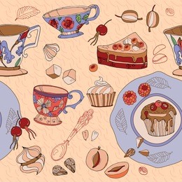 tea cute seamless pattern saucers, cups and sweets tea background tea time hand drawn vector illustration